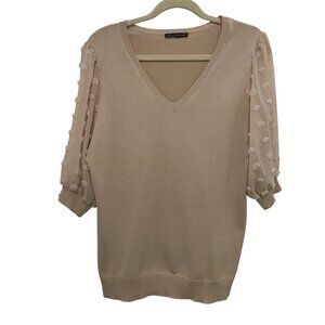 Adrianna Papell Top Womens L Sheer‎ Puff Sleeves Light Blush Classic Sweater